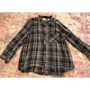 Terra & Sky Women's Black White Plaid Collared Long Sleeve Button-Up Top 3X